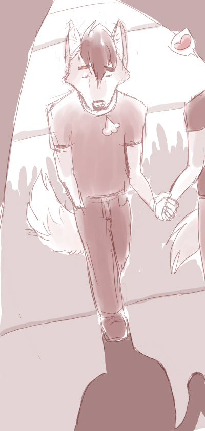 &hearts; canine eyes_closed hair hand_holding male mammal monochrome sketch solo walking wolf wolfyama