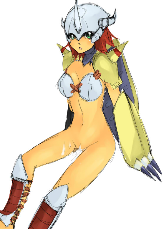 claws crossgender cute digimon female gauntlets green_eyes helmet horn human humanized mammal plain_background simple_background solo unconvincing_armor unconvincing_armour underwear unknown_artist wargreymon white_background