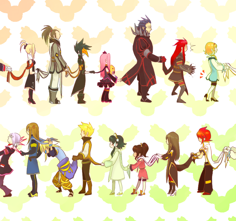 6+boys anise_tatlin arietta asch black_hair blonde_hair boots brown_hair dist_(tales) doll glasses gloves green_hair guy_cecil hair_tubes ion jade_curtiss knee_boots largo_(tales) legretta_(tales) long_hair luke_fon_fabre mask mieu multiple_boys multiple_girls natalia_luzu_kimlasca_lanvaldear peony_ix pink_hair ponytail red_hair short_hair_with_long_locks sidelocks surcoat sync tales_of_(series) tales_of_the_abyss tear_grants thighhighs twintails van_grants yurano_beta