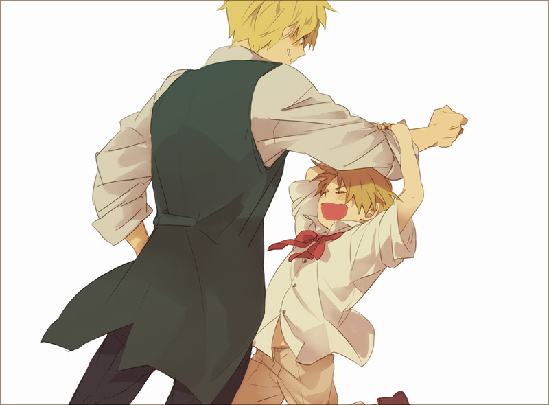 2boys \o/ aged_down america_(hetalia) arm_grab arms_up axis_powers_hetalia bad_id bad_pixiv_id blonde_hair blush border bow bowtie brown_hair closed_eyes dutch_angle from_behind green_eyes grin hand_on_own_hip happy jumping male_focus multiple_boys open_mouth outstretched_arm outstretched_arms pants simple_background smile united_kingdom_(hetalia) white_background yuko_mebouki