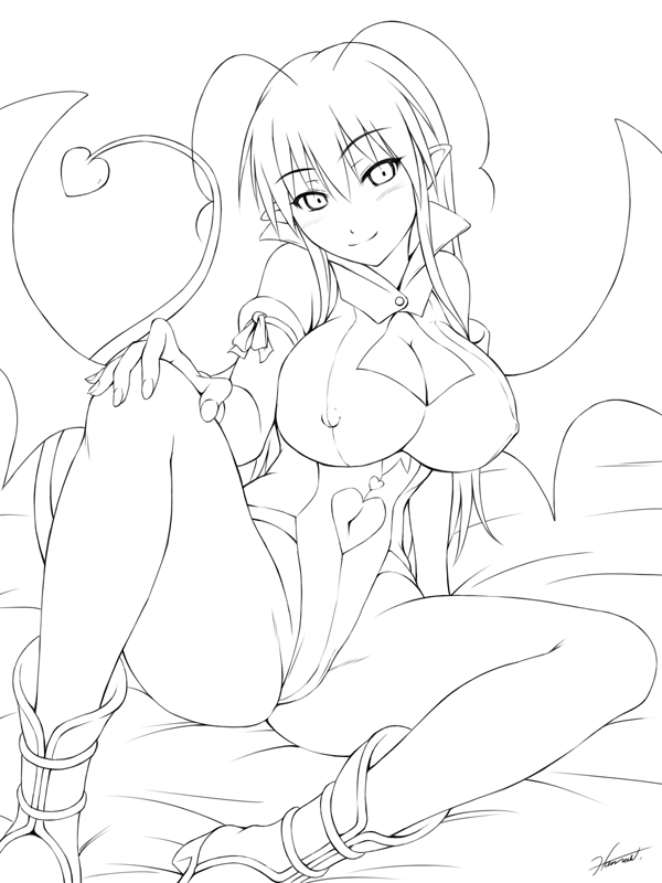 antenna_hair breasts cleavage_cutout demon_girl demon_tail greyscale hand_on_own_knee kagehara_hanzou large_breasts lineart lotte_no_omocha! md5_mismatch mercelida_ygvar monochrome navel pointy_ears signature sitting solo spread_legs succubus tail wings