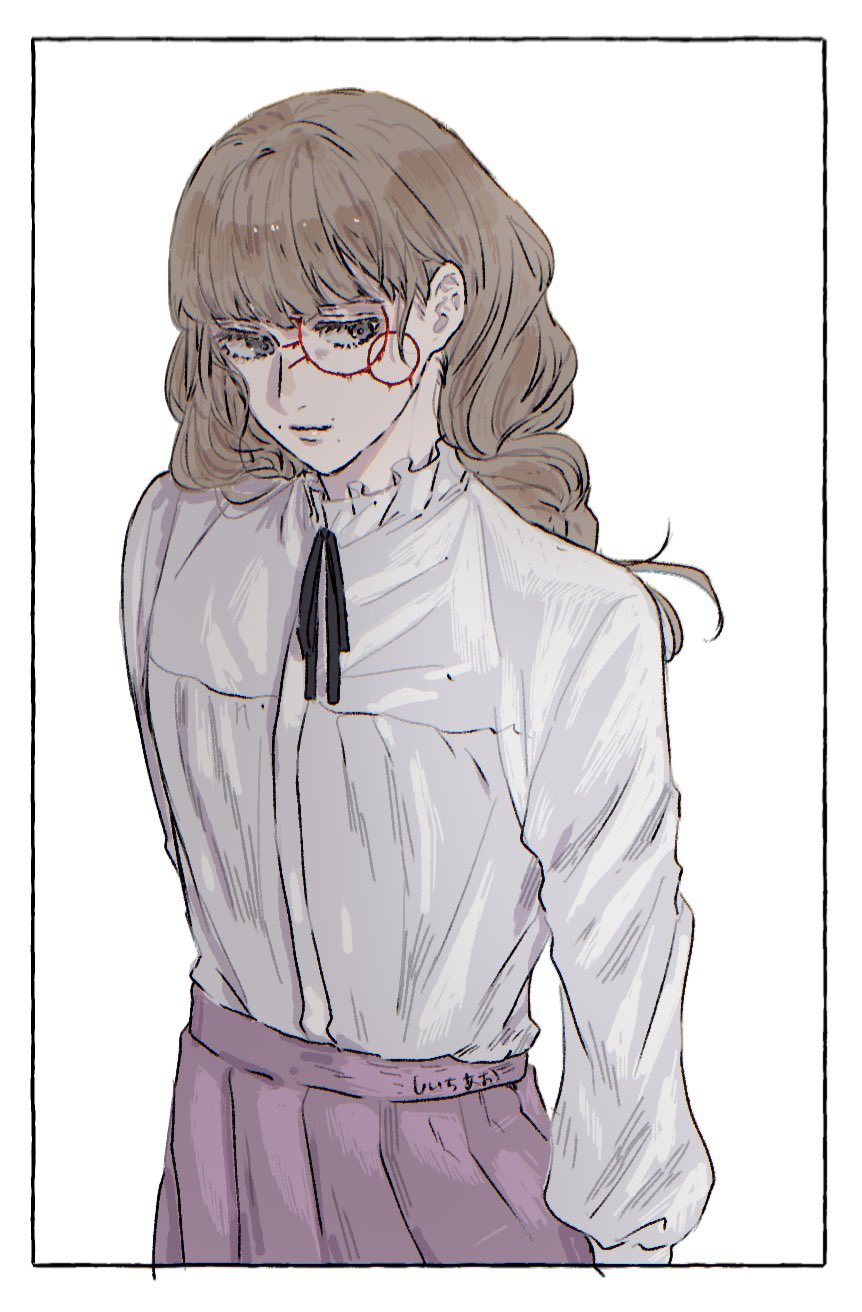 1boy arm_at_side black_ribbon border brown_eyes brown_hair closed_mouth commentary_request crossdressing facial_mark fear_&_hunger_(series) fear_&_hunger_2:_termina frilled_shirt_collar frills highres long_hair long_sleeves marina_(fear_&_hunger) mouth_piercing neck_ribbon otoko_no_ko pink_skirt ribbon shirt shirt_tucked_in skirt solo takenoko_gungun white_background white_border white_shirt
