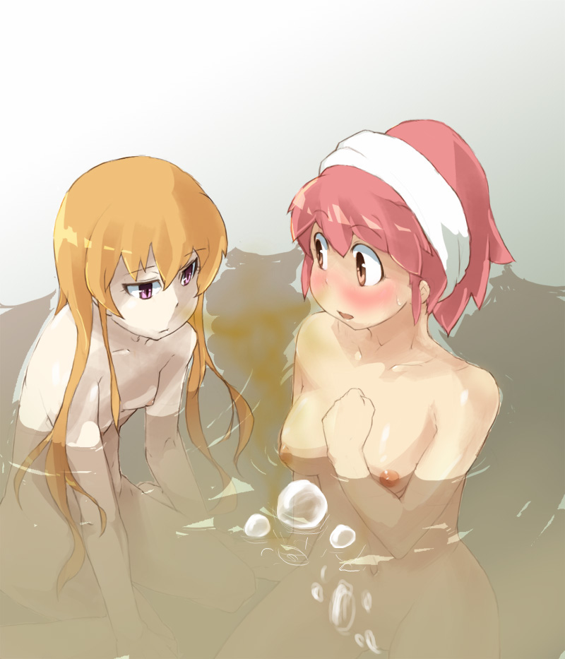 bath belly_button blush blushing breasts brown_hair bubble bubbles embarrassed fart farting long_hair navel nipples smell towel towel_on_head water