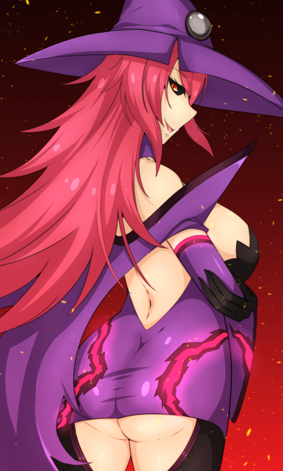 1girl arc_system_works artist_request ass bare_shoulders black_sclera blazblue breasts cape detached_sleeves dress from_behind gloves hat huge_breasts konoe_a_mercury long_hair looking_at_viewer orange_eyes pantylines phantom_(blazblue) pink_hair purple_dress shiny shiny_clothes shiny_hair shiny_skin short_dress sideboob smile solo thighhighs very_long_hair witch witch_hat