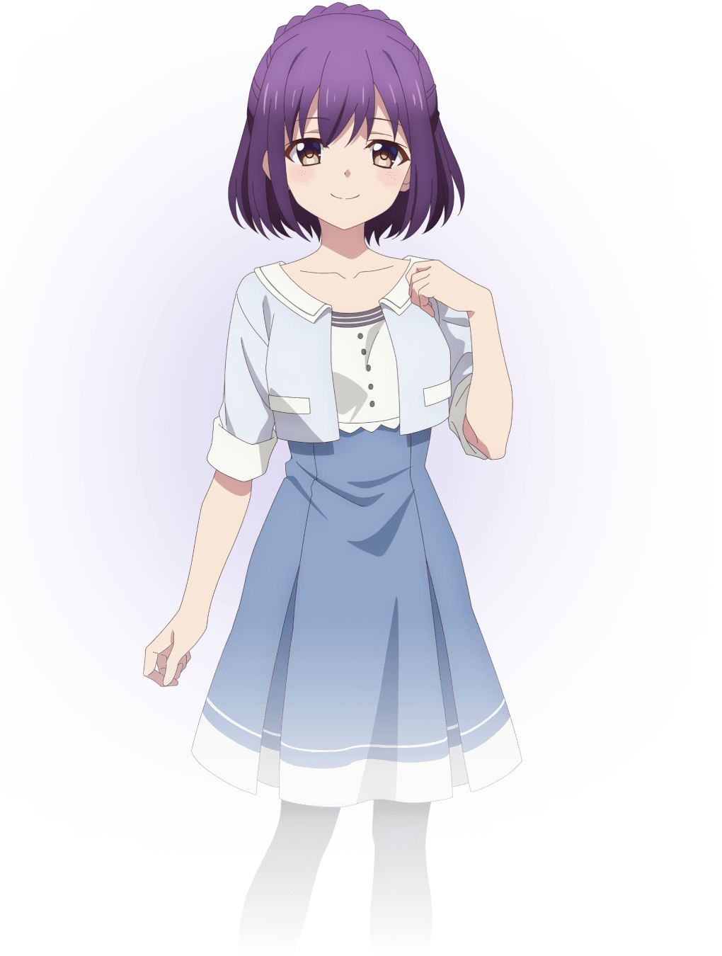 1girl 9-nine- arm_at_side blue_shirt blue_skirt blush_stickers braid brown_eyes closed_mouth collarbone collared_shirt cowboy_shot cropped_shirt crown_braid hair_between_eyes half_updo hand_up high-waist_skirt highres looking_at_viewer medium_hair naruse_satsuki official_art open_clothes open_shirt promotional_art purple_hair shirt short_sleeves simple_background skirt smile solo split_mouth transparent_background