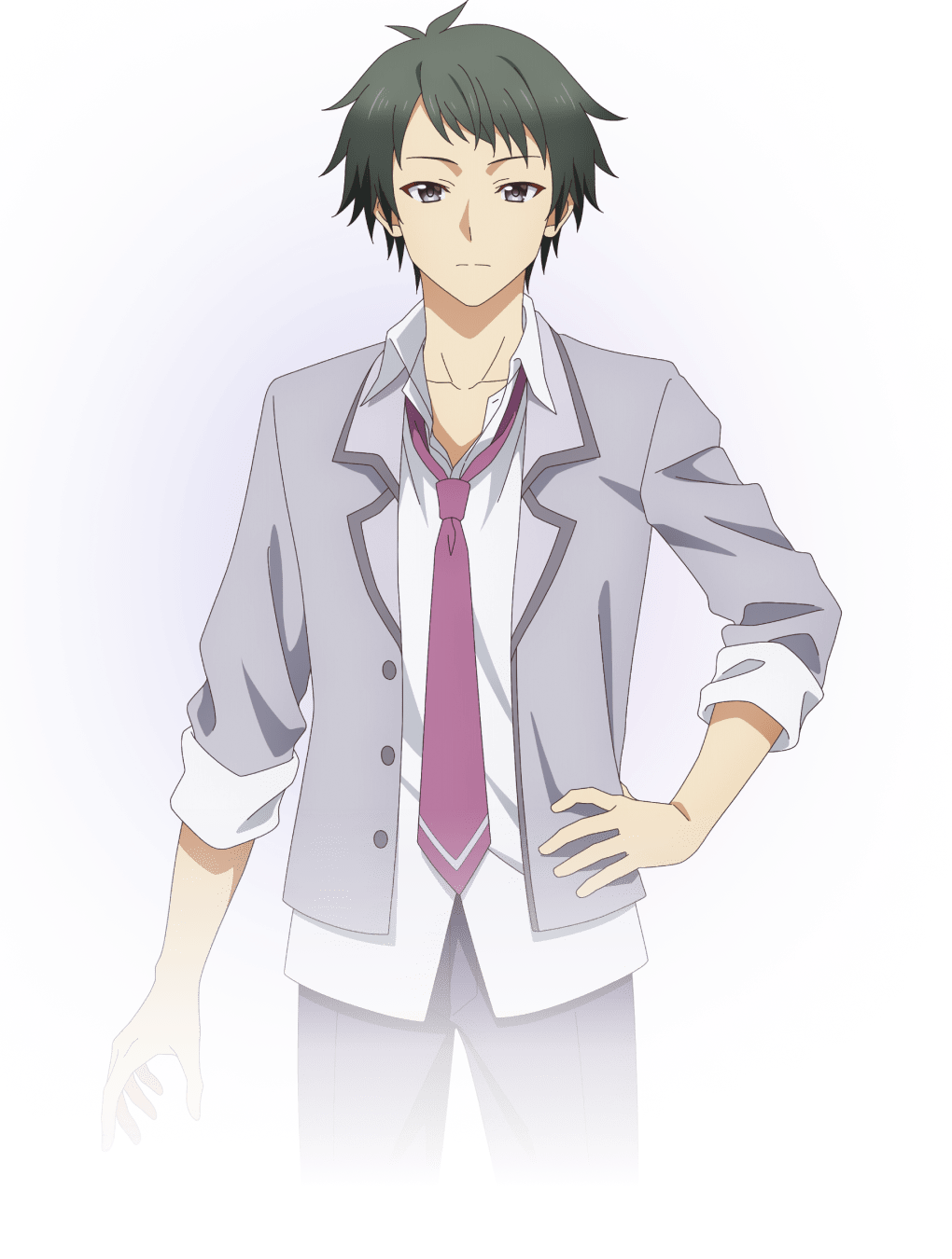 1boy 9-nine- arm_at_side black_hair black_pants closed_mouth collarbone collared_shirt cowboy_shot frown grey_eyes grey_jacket hand_on_own_hip highres jacket long_sleeves looking_at_viewer male_focus necktie niimi_kakeru official_art open_clothes open_jacket pants promotional_art red_necktie school_uniform sharp_teeth shirt short_hair simple_background sleeves_rolled_up solo split_mouth teeth transparent_background white_shirt