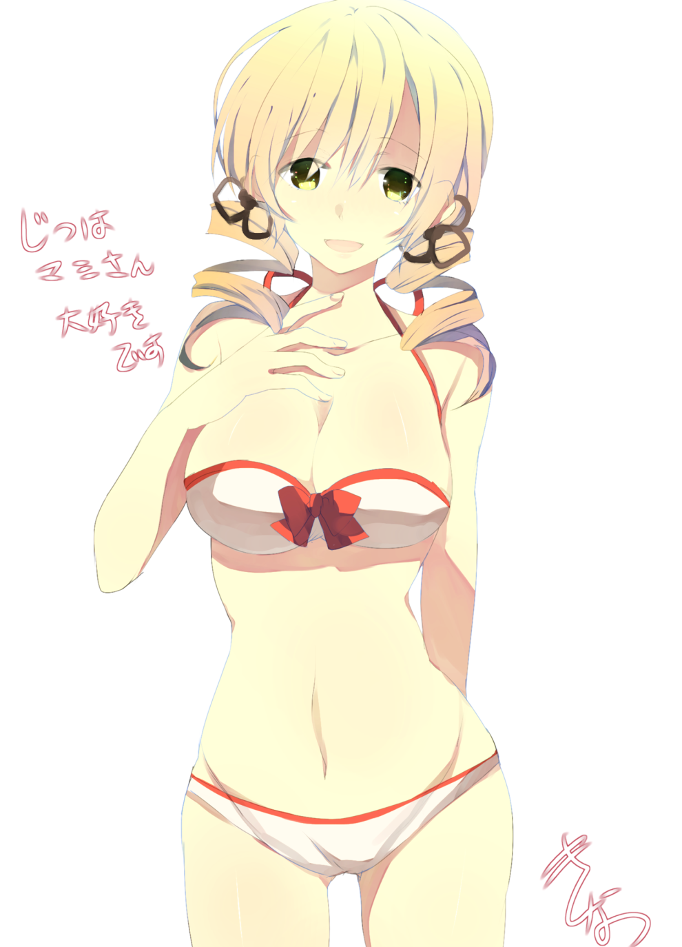 arm_behind_back bikini blonde_hair breasts cleavage drill_hair hand_on_own_chest highres kinatsu_souju large_breasts mahou_shoujo_madoka_magica open_mouth simple_background solo swimsuit tomoe_mami translated twin_drills twintails white_background yellow_eyes