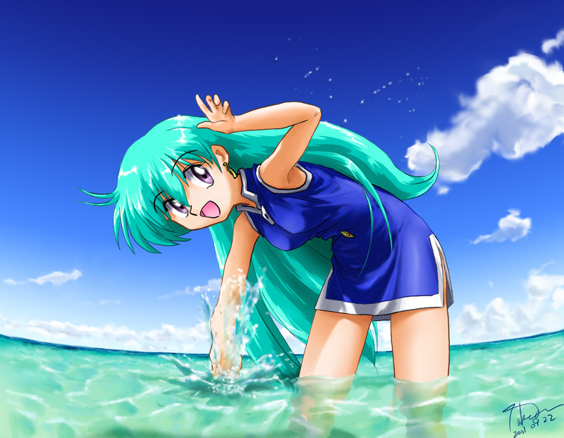 aqua_hair legs long_hair miniskirt skirt smile solo stewardess tenjouin_katsura thighs yat_anshin_uchuu_ryokou