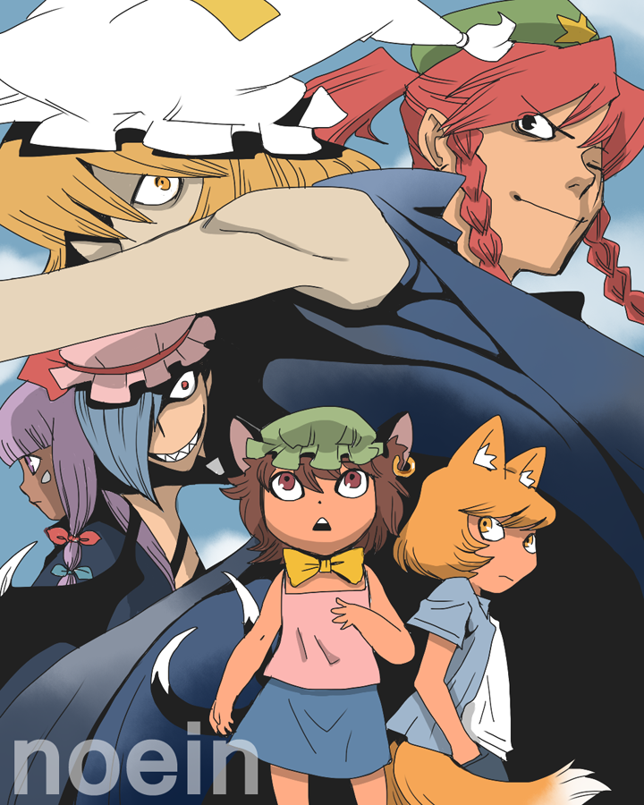 age_comparison alternate_costume alternate_hairstyle animal_ears casual cat_ears chen dual_persona fox_ears hair_over_one_eye hat hong_meiling multiple_girls no_nose noein onikobe_rin patchouli_knowledge ponytail remilia_scarlet sharp_teeth short_hair tail teeth time_paradox touhou yakumo_ran
