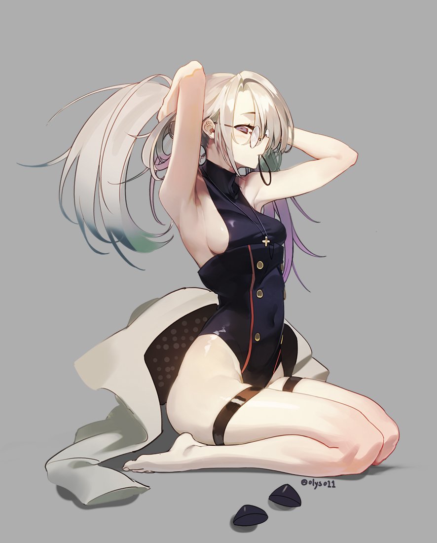 1girl armpits bangs bare_legs bare_shoulders barefoot breasts coat coat_removed commentary_request cross girls_frontline glasses grey_background grey_hair hair_ornament hair_over_one_eye highleg highleg_leotard hk21_(girls_frontline) jewelry korean_commentary leotard long_hair olys purple_eyes round_eyewear simple_background solo thigh_strap twintails