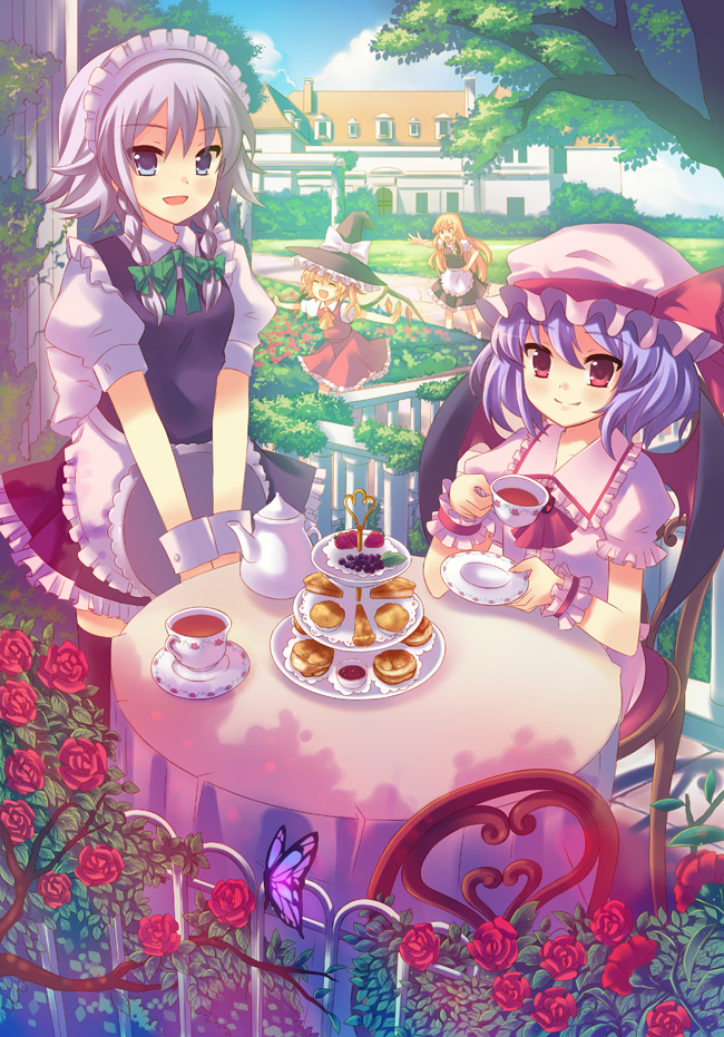 apron bad_id bad_pixiv_id blonde_hair borrowed_garments bow braid bu-n bug butterfly cake cup dappled_sunlight flandre_scarlet flower food hair_bow happy hat headwear_switch insect izayoi_sakuya kirisame_marisa maid maid_headdress mansion mob_cap multiple_girls object_hug outstretched_arm outstretched_arms pastry peach_(momozen) purple_hair reaching red_flower red_rose remilia_scarlet rose running scarlet_devil_mansion silver_hair sitting spread_arms sunlight table tea tea_set teacup teapot tiered_tray touhou tray twin_braids v_arms waist_apron witch_hat wrist_cuffs