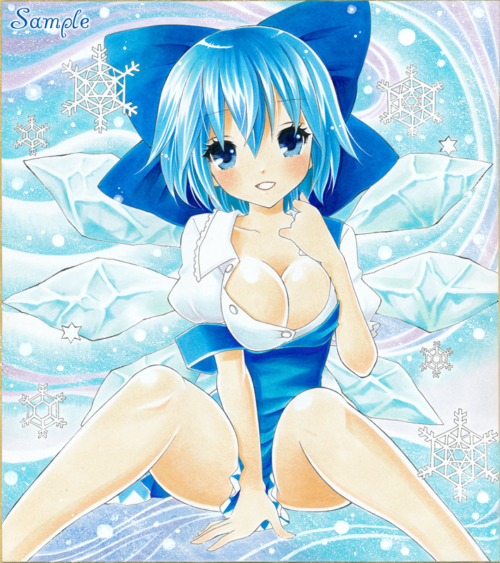 ayuayu bad_id bad_pixiv_id blue_eyes blue_hair bow breasts bursting_breasts cirno cleavage hair_bow ice large_breasts marker_(medium) sample short_hair snowflakes solo spread_legs strap_slip touhou traditional_media wings