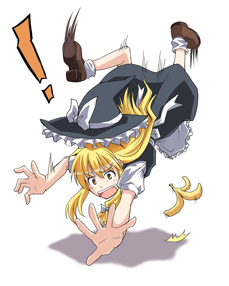 1girl banana_peel blonde_hair brown_eyes hat kirisame_marisa long_hair motion_blur open_mouth outstretched_arms rimibure shadow slipping solo touhou tripping witch_hat yellow_eyes