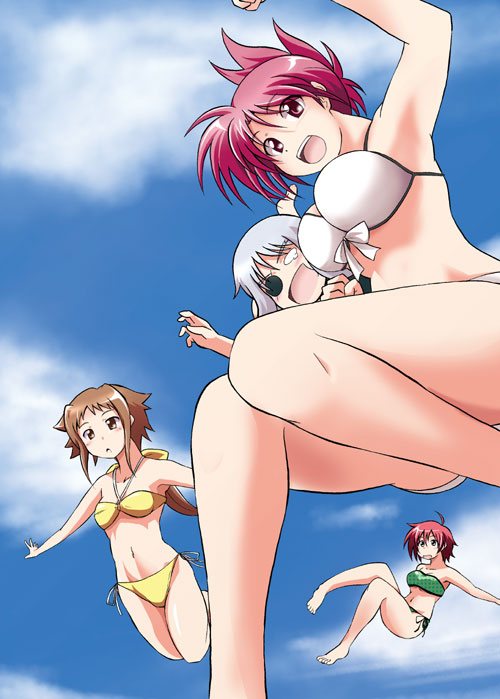 :d :o ahoge armpits azumaya_hironaru bandeau bangs barefoot bikini blush bow breasts brown_eyes cinque_(nanoha) clenched_hands cloud day dieci_(nanoha) eyepatch folded_ponytail green_bikini hair_bow halterneck headlock jumping knees_together_feet_apart large_breasts long_hair looking_at_viewer low_ponytail lyrical_nanoha mahou_shoujo_lyrical_nanoha_strikers multiple_girls navel no_pupils nove_(nanoha) numbers_(nanoha) open_mouth outdoors outstretched_arms pink_eyes ponytail red_hair short_hair side-tie_bikini sidelocks silver_hair sky small_breasts smile spread_arms swimsuit tears wendi_(nanoha) white_bikini white_hair yellow_bikini