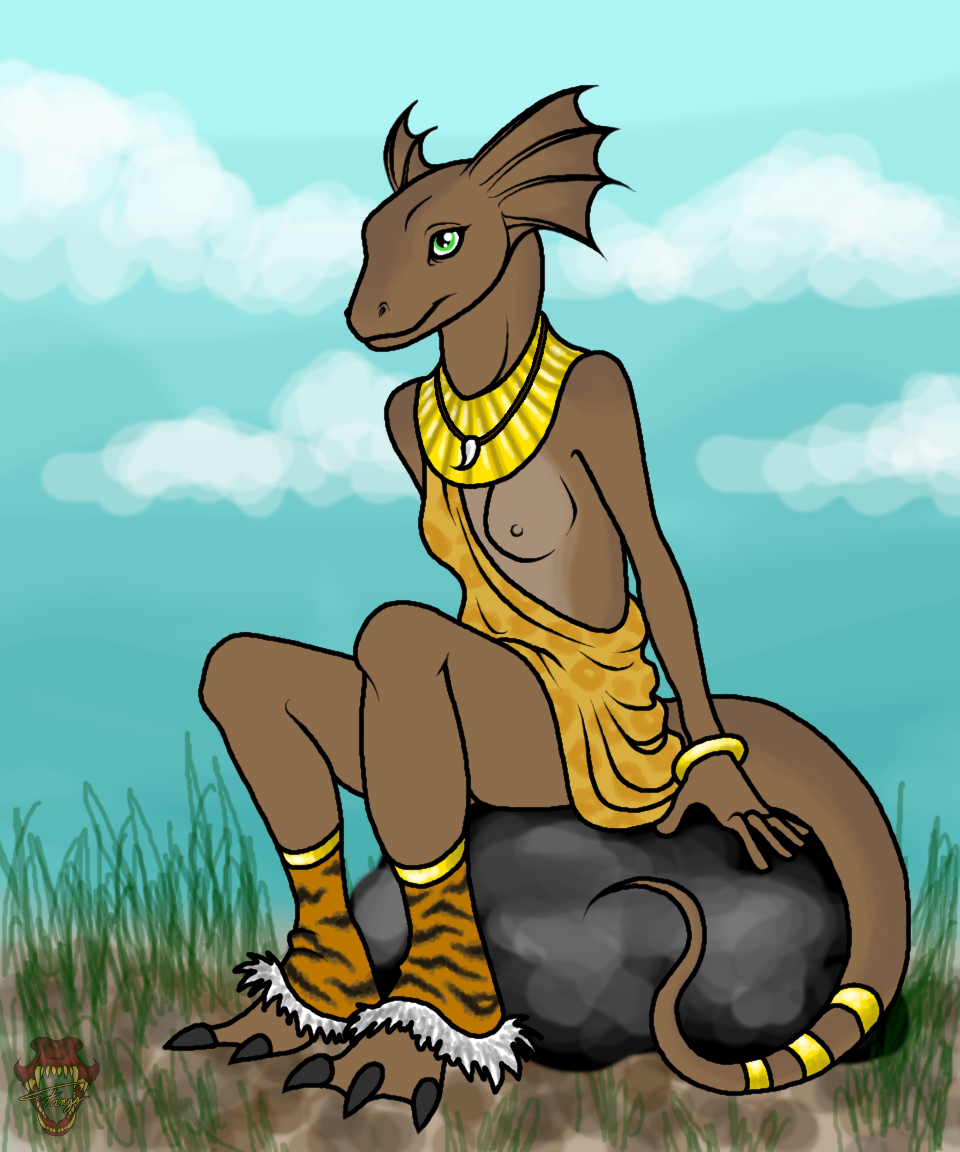 claws egyptian fangsofwhite female grass green_eyes lizard milanna necklace nipples nude outside reptile rocks scalie sitting solo tail_ring tribal