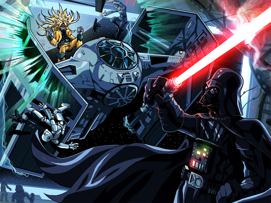 crossover darth_vader dio_brando energy_sword epic galactic_empire glowing glowing_eyes hangar jojo_no_kimyou_na_bouken lightsaber manly military military_uniform multiple_boys otaking science_fiction space_craft star_destroyer star_wars starfighter stormtrooper sword tie_advanced_x1 tie_fighter uniform weapon wryyyyyyyyyyyyyyyyyyyy zero_gravity