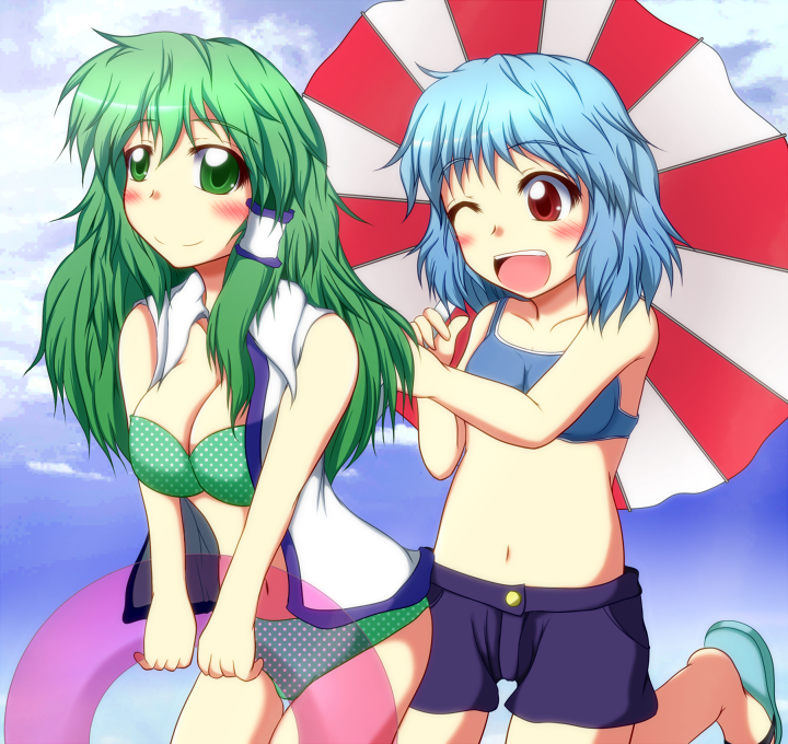 altas bad_proportions bikini blue_hair blush breasts green_eyes green_hair hair_tubes kochiya_sanae long_hair medium_breasts multiple_girls navel one_eye_closed open_mouth red_eyes short_hair shorts smile swimsuit tatara_kogasa touhou umbrella