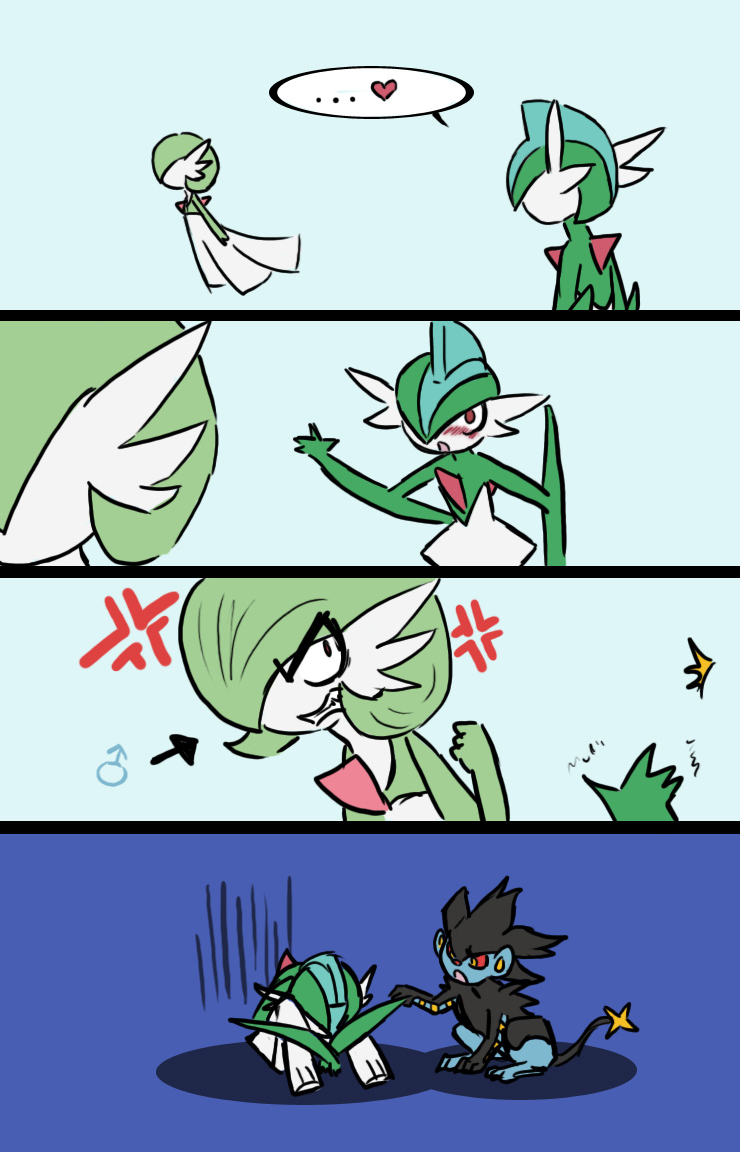 blush comic disappointed disappointment fall_in_love gallade gardevoir gender_confusion humor humour luxray male nintendo pok&#233;mon unknown_artist video_games