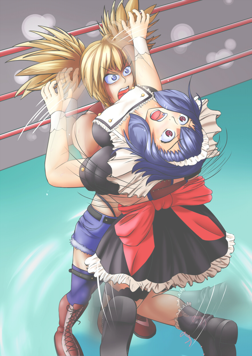 2girls arena catfight girls highres maiden_sakurazaki multiple_girls muscle remy_dadarne wrestle wrestle_angels wrestling