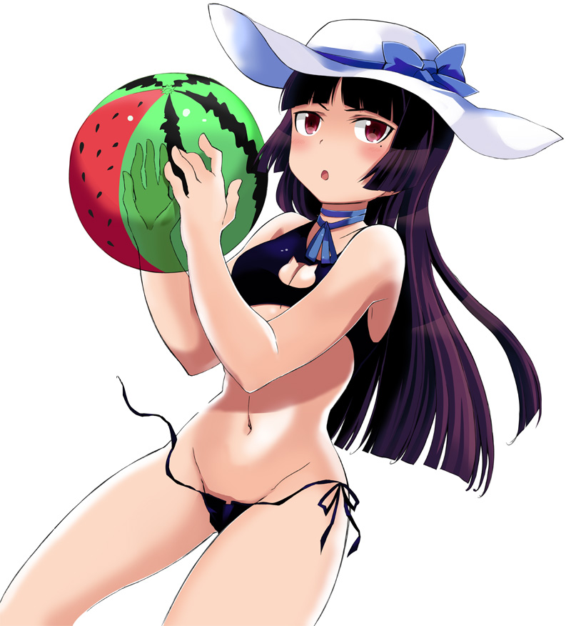 :o ball beachball bikini black_hair blush breasts cleavage cleavage_cutout gokou_ruri hat long_hair medium_breasts mole mole_under_eye navel ore_no_imouto_ga_konna_ni_kawaii_wake_ga_nai red_eyes side-tie_bikini solo sun_hat swimsuit untied wardrobe_malfunction watermelon_beachball yuutarou