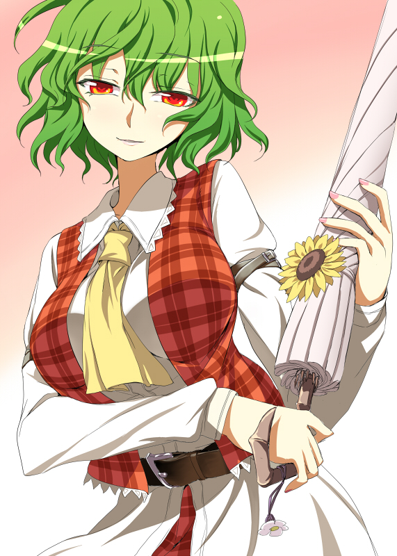 ascot belt breasts closed_umbrella flower green_hair kazami_yuuka kumadano medium_breasts plaid plaid_skirt plaid_vest red_eyes short_hair skirt skirt_set smile solo sunflower touhou umbrella untucked vest