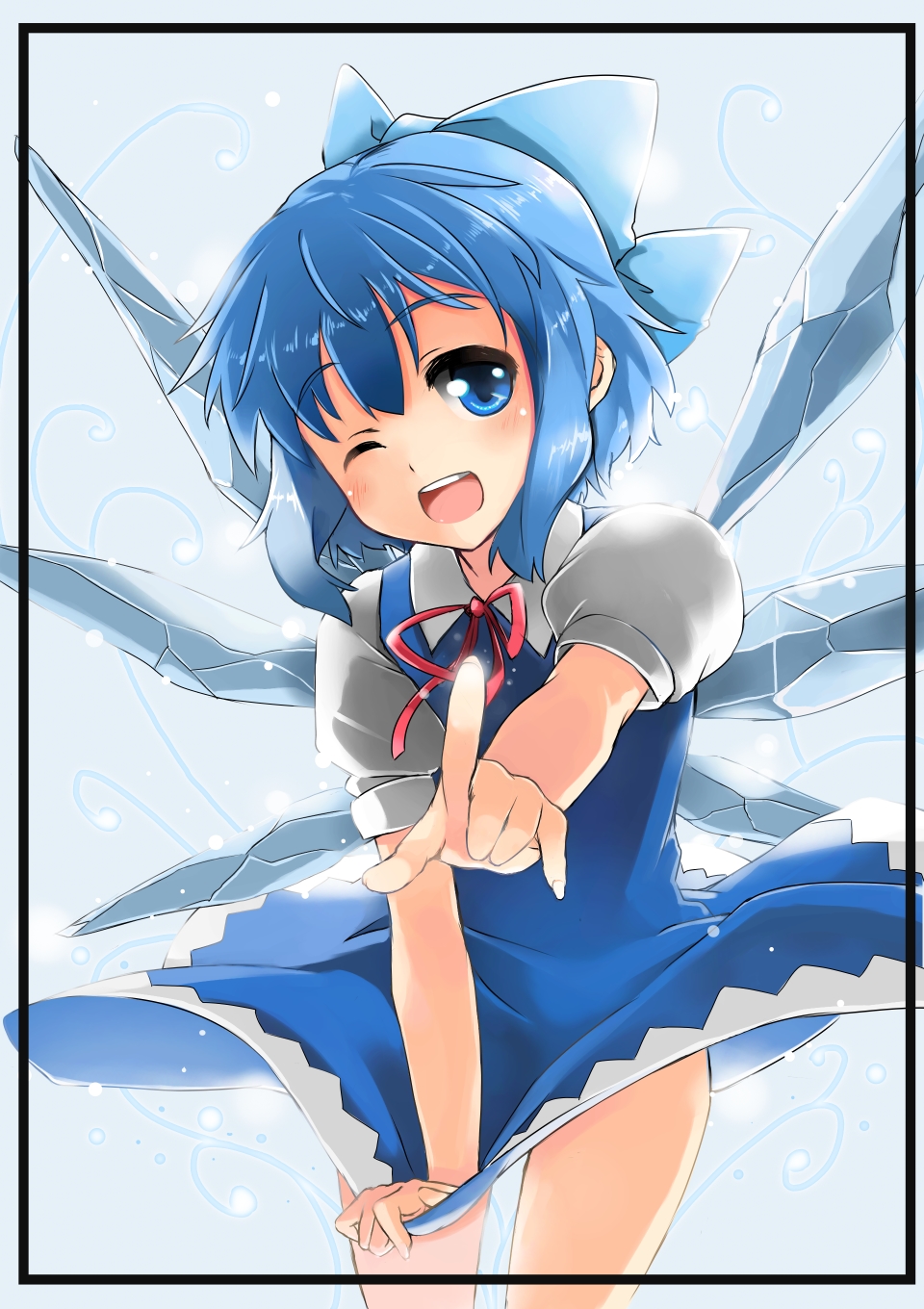 ;d blue_eyes blue_hair bow cirno fingernails frame hair_bow hands highres index_finger_raised one_eye_closed open_mouth pointing pointing_at_viewer short_hair skirt skirt_tug smile solo toichi touhou wings