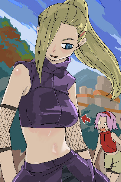 2girls blonde_hair blue_eyes breast_envy breasts curry_(dbt) fishnets hair_ornament hair_over_one_eye hairclip haruno_sakura long_hair midriff multiple_girls naruto navel pink_hair ponytail tovago yamanaka_ino