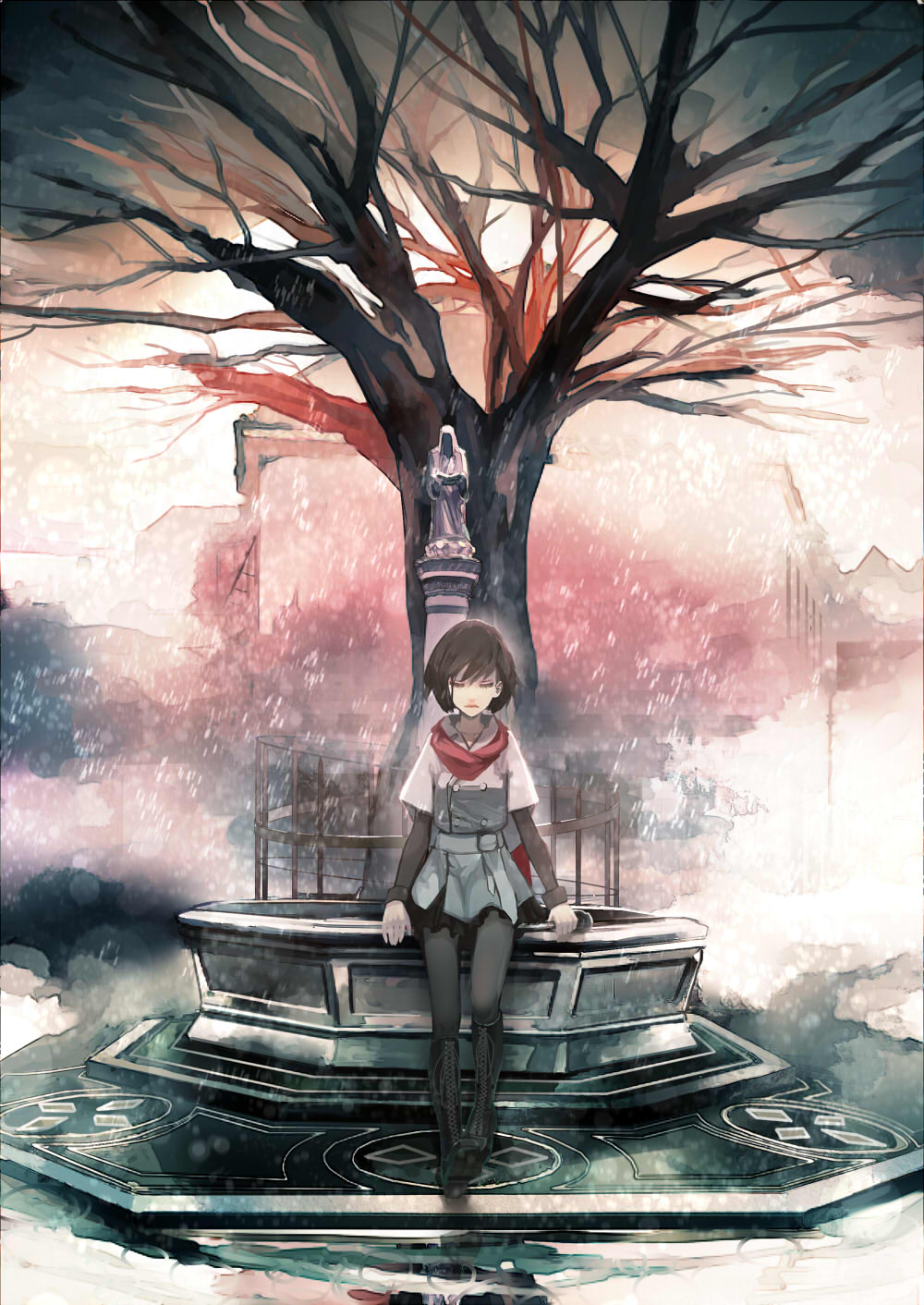 a.r.k bare_tree black_hair black_legwear boots closed_eyes coat dogs:_bullets_&amp;_carnage fuyumine_naoto highres outdoors pantyhose red_scarf scarf short_hair snowing solo tree