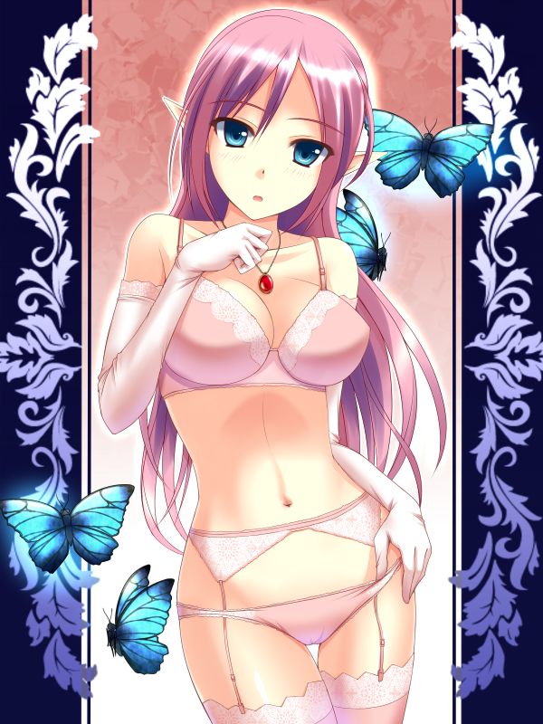 bare_shoulders blue_eyes bra breasts bug butterfly collarbone elbow_gloves elf garter_belt gloves insect jewelry kuurunaitsu lace lace-trimmed_bra lace-trimmed_thighhighs large_breasts lingerie long_hair looking_at_viewer navel necklace open_mouth original panties pink_bra pink_hair pink_legwear pink_panties pointy_ears solo thigh_gap thighhighs underwear underwear_only