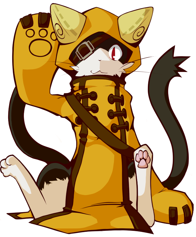 2_tails :3 alpha_channel ambiguous_gender blazblue cat cloak clothing eye_patch eyewear feline feral jubei mammal multi_tail pawpads paws pose shin_(artist) sitting slit_pupils smile solo video_games waving whiskers