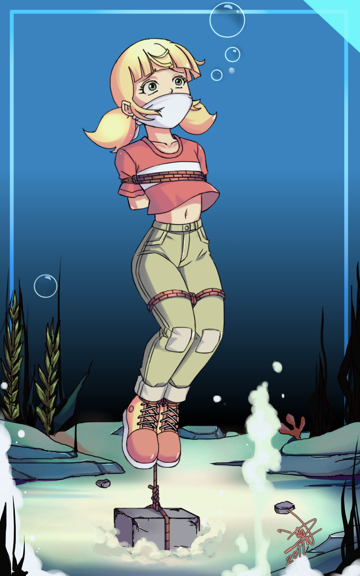 1girl 80s algae artist_request asphyxiation bdsm blonde_hair bondage bound bubble child cloth_gag dic_entertainment drowning gaded gag gagged improvised_gag inspector_gadget loli oldschool over_the_mouth_gag pants penny penny_(inspector_gadget) peril short_hair short_twintails solo underwater water