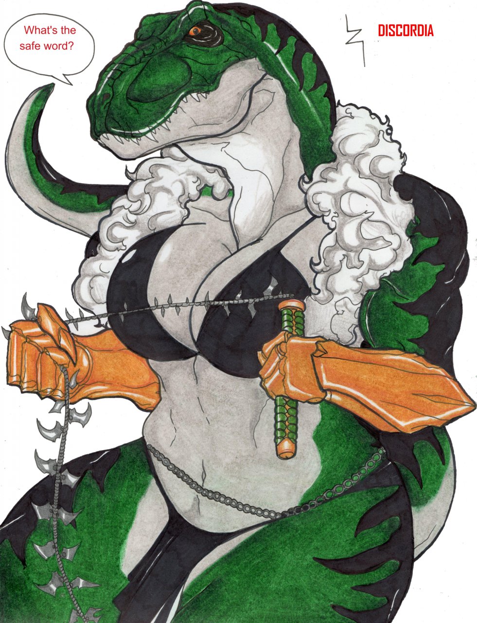 bdsm breasts dinosaur dominatrix english_text female looking_at_viewer plain_background safeword scalie solo tail teeth text tyrannosaurus_rex whip white_background zabraxas