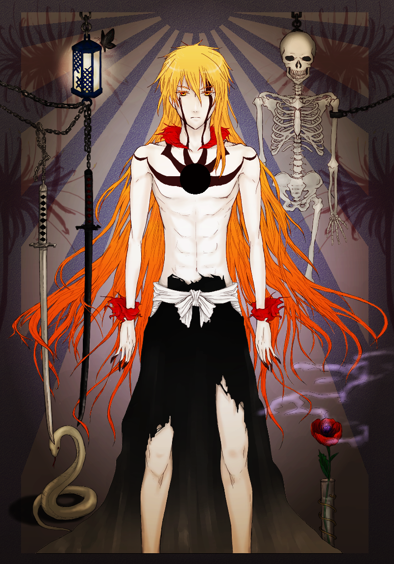 bleach flower hiiragi_ashura hold holding katana kurosaki_ichigo long_hair orange_eyes orange_hair shirtless skeleton snake sword weapon