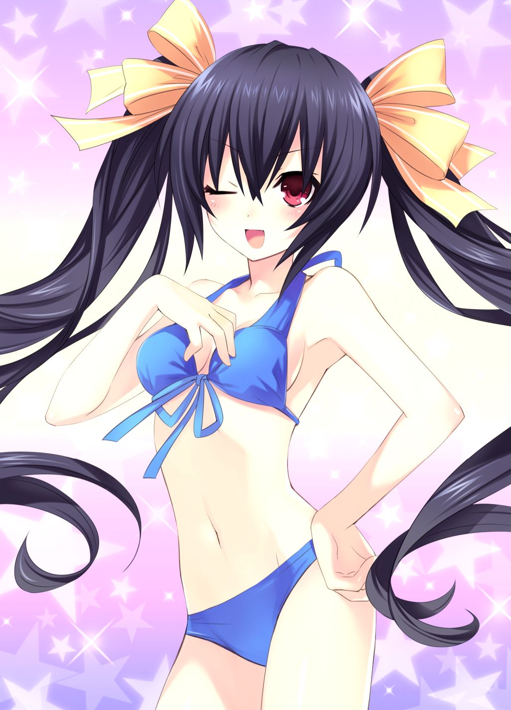 :d ayastyle bikini black_hair blush bow breasts choujigen_game_neptune cleavage front-tie_top game_cg hair_bow hand_on_hip highres long_hair medium_breasts navel neptune_(series) noire official_art one_eye_closed open_mouth red_eyes sideboob smile solo swimsuit tsunako twintails very_long_hair