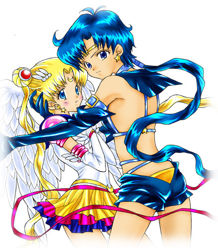 2girls bishoujo_senshi_sailor_moon bishoujo_senshi_sailor_moon_sailor_stars blonde_hair blue_eyes blush choker earrings elbow_gloves embrace eternal_sailor_moon gloves hug jewelry kiss kou_seiya long_hair looking_back lowres magical_girl multiple_girls ponytail ribbon sailor_moon sailor_star_fighter sailor_stars saliva shorts simple_background skirt teen teenage tiara tsukino_usagi twin_tails twintails wings yuri