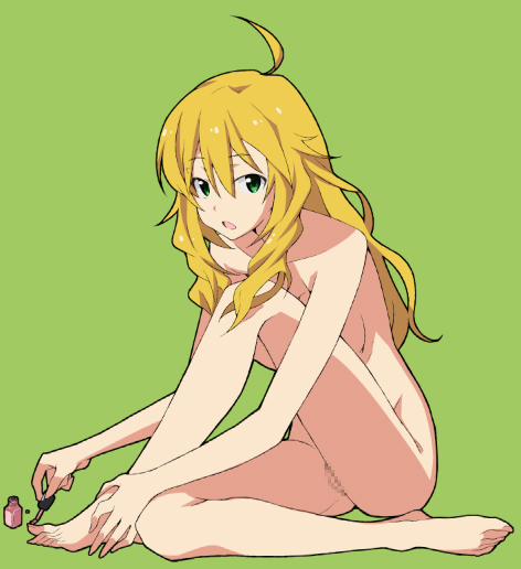 ahoge barefoot blonde_hair censored feet green_background green_eyes hands_on_feet hoshii_miki idolmaster idolmaster_(classic) long_hair nail_polish nude open_mouth painting_nails pedicure sitting solo yada_ei
