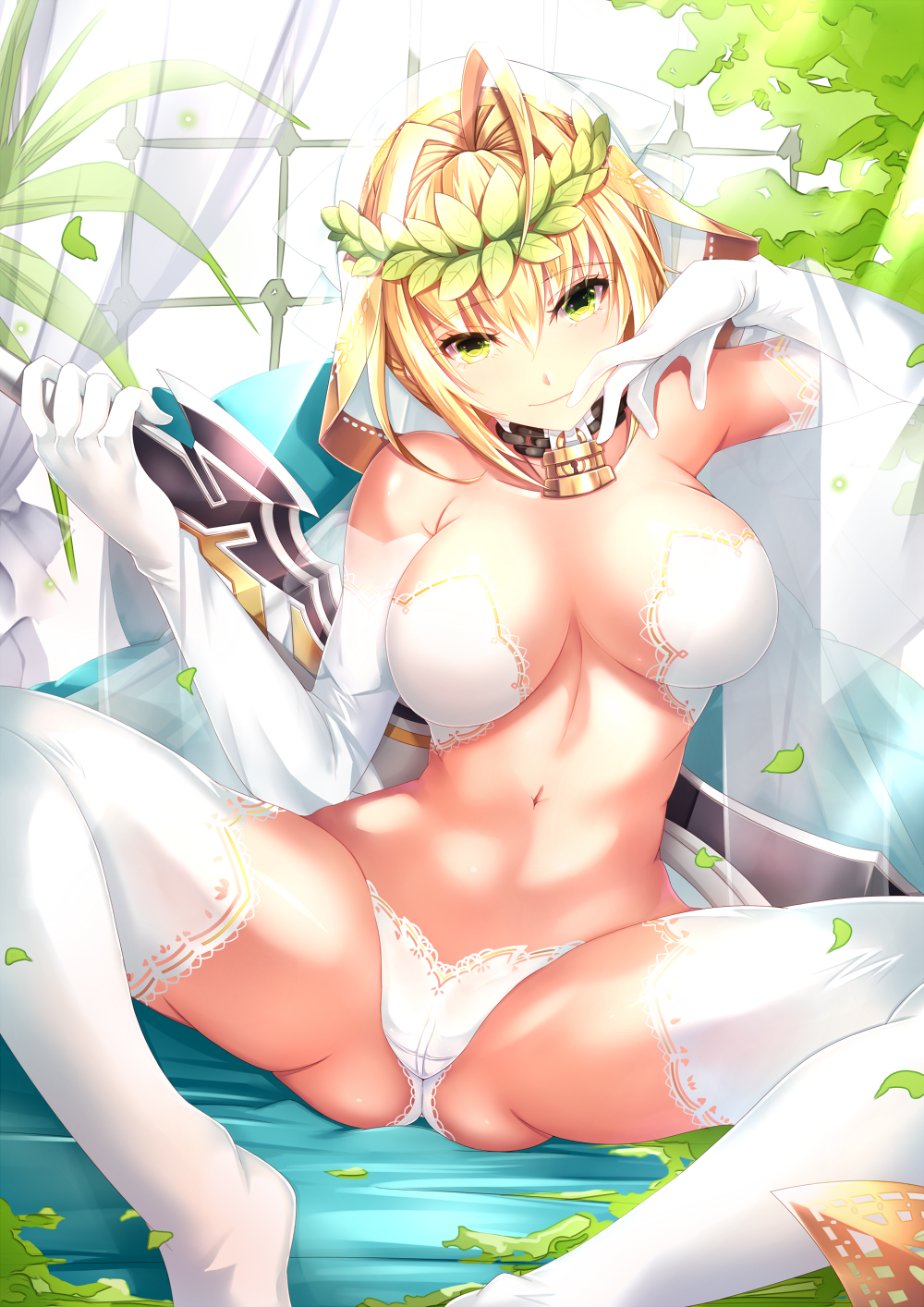 1girl aata1007 ahoge ass bangs bare_shoulders blonde_hair blush breasts bridal_veil chains cleavage day elbow_gloves eyebrows_visible_through_hair fate/extra fate/extra_ccc fate_(series) flower gloves green_eyes groin highres holding holding_sword holding_weapon indoors large_breasts lock looking_at_viewer medium_breasts navel nero_claudius_(bride)_(fate) nero_claudius_(fate) nero_claudius_(fate)_(all) padlock sidelocks sitting smile solo stomach sword thighhighs underwear underwear_only veil weapon weapon_request white_flower white_gloves white_legwear window wreath