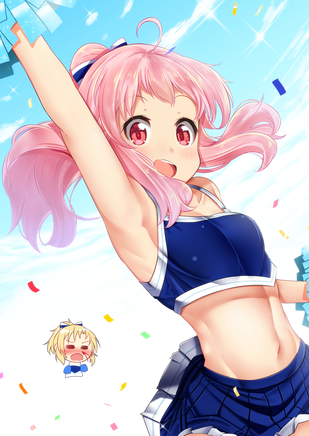 2girls :d =_= ahoge anima_yell! arm_up armpits bangs bare_shoulders blonde_hair blood blue_skirt blue_sky blush bow breasts cloud collarbone commentary_request crop_top day eyebrows_visible_through_hair eyes_closed hair_bow hatoya_kohane high_ponytail highres holding long_hair mad_(hazukiken) midriff multiple_girls navel nose_blush nosebleed open_mouth outdoors pink_hair pleated_skirt pom_poms ponytail red_eyes sawatari_uki skirt sky small_breasts smile solo_focus yuri