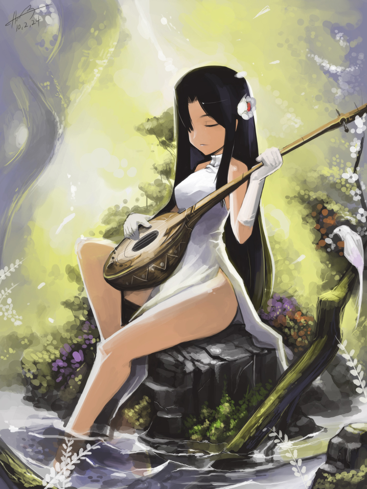 bad_id bad_pixiv_id bare_shoulders barefoot bird black_hair branch china_dress chinese_clothes closed_eyes dress elbow_gloves flower gloves gua hair_flower hair_ornament hair_over_one_eye instrument leaf leg_up legs long_hair lute_(instrument) nature no_panties original rock side_slit signature sitting sleeveless smile soaking_feet solo sunlight turtleneck water white_dress white_gloves