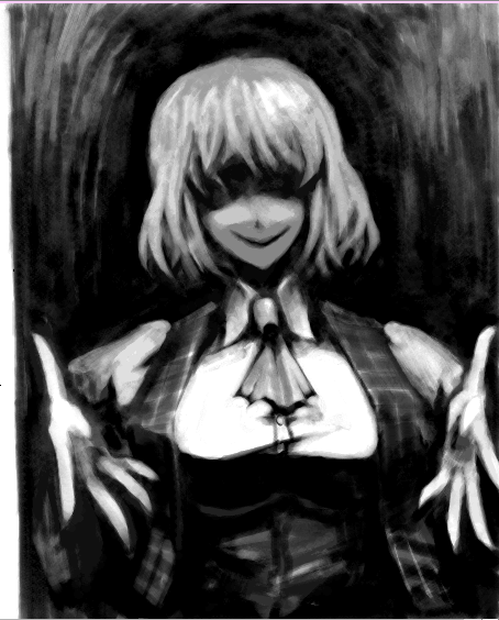 ascot breasts evil_smile faceless greyscale hetza_(hellshock) horror_(theme) kazami_yuuka large_breasts monochrome outstretched_arms plaid plaid_vest shaded_face short_hair smile solo touhou upper_body vest