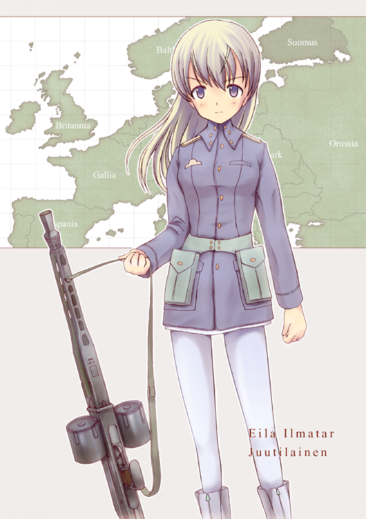 blonde_hair blue_eyes drum_magazine dual_drum_magazine eila_ilmatar_juutilainen europe_map gun kamo_(rsrk) long_hair machine_gun map mg42 military military_uniform pantyhose rifle solo strike_witches uniform weapon white_legwear world_witches_series