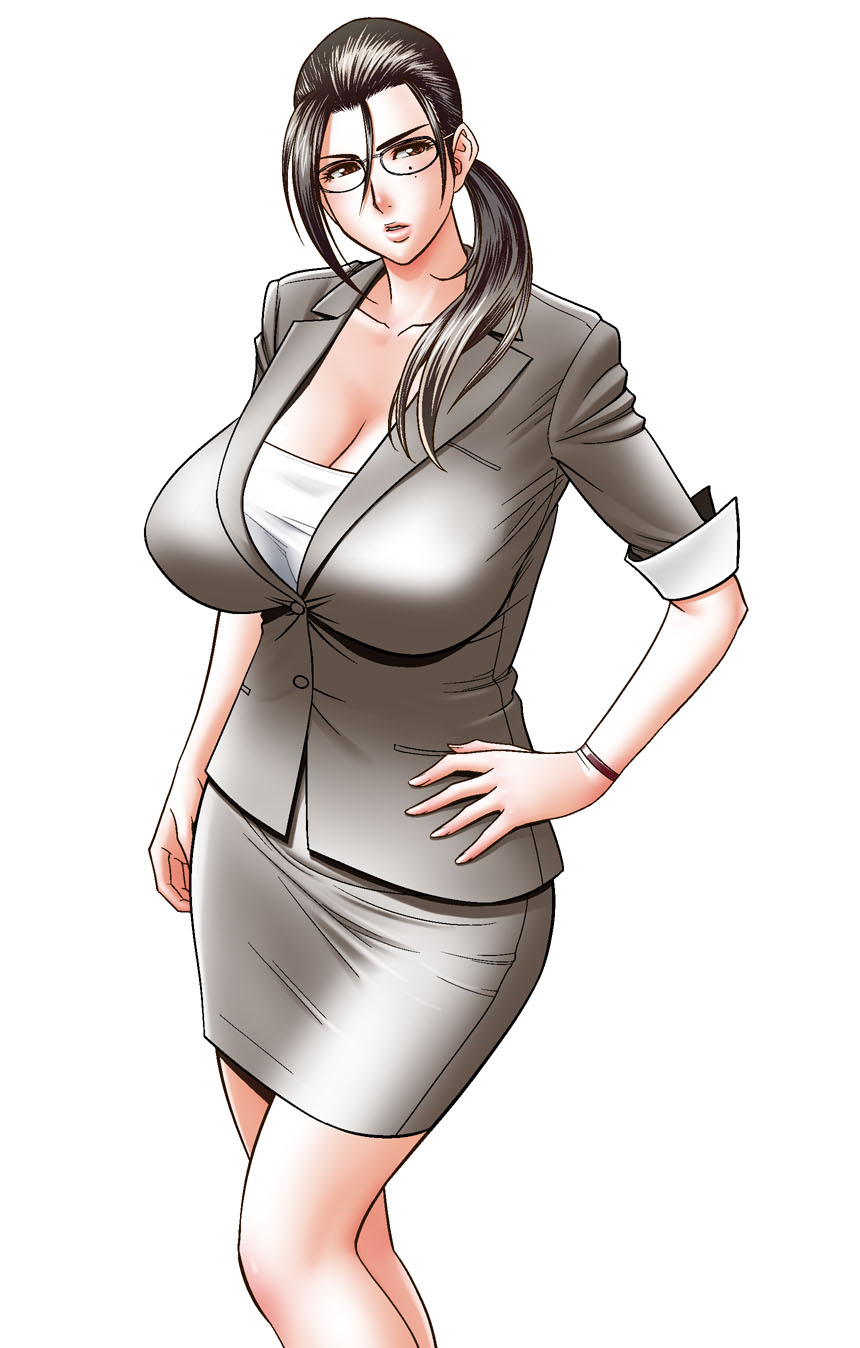 breasts brown_eyes brown_hair business_suit cleavage copyright_request formal glasses hand_on_hip highres huge_breasts jacket mole office_lady pencil_skirt ponytail skirt skirt_suit solo suit tatsunami_youtoku