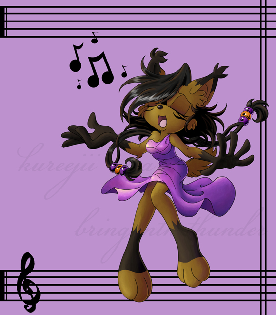 brown brown_fur collaboration eyes_closed feline female fur g_clef hair kiss_the_thunder kureejiilea long_black_hair long_hair lynx mammal musical_note musical_notes nicole_the_lynx purple_background sega singing solo sonic_(series) toga