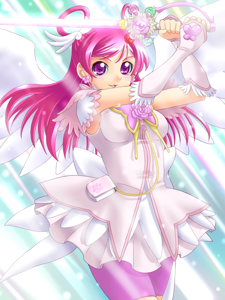 angel_wings bike_shorts bug butterfly cure_dream cure_fleuret dress earrings energy_sword eyelashes flower gloves head_wings insect jewelry long_hair magical_girl pink_flower pink_hair pink_rose pink_shorts precure purple_eyes rose shining_dream shorts shorts_under_dress smile solo sword weapon wings yaso_shigeru yes!_precure_5 yumehara_nozomi