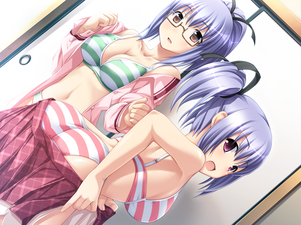 :o ass back bangs bare_shoulders bent_over blue_hair blush bra breasts buttons cleavage clenched_hands collarbone cowboy_shot dutch_angle from_behind fusuma game_cg glasses green_bra green_panties hair_ribbon high_ponytail indoors kudou_hirano kudou_nono large_breasts long_hair long_sleeves looking_at_viewer looking_back miniskirt mirai_nostalgia multiple_girls navel no_pants no_shirt off_shoulder open_clothes open_mouth open_shirt open_skirt panties petticoat pink_bra pink_panties pinky_out plaid plaid_skirt pleated_skirt ponytail purple_eyes red_eyes ribbon school_uniform semi-rimless_eyewear serafuku shiny shiny_hair shirt short_hair short_twintails siblings siki sisters skirt skirt_pull sliding_doors standing striped striped_bra striped_panties surprised twintails unbuttoned under-rim_eyewear underwear undressing