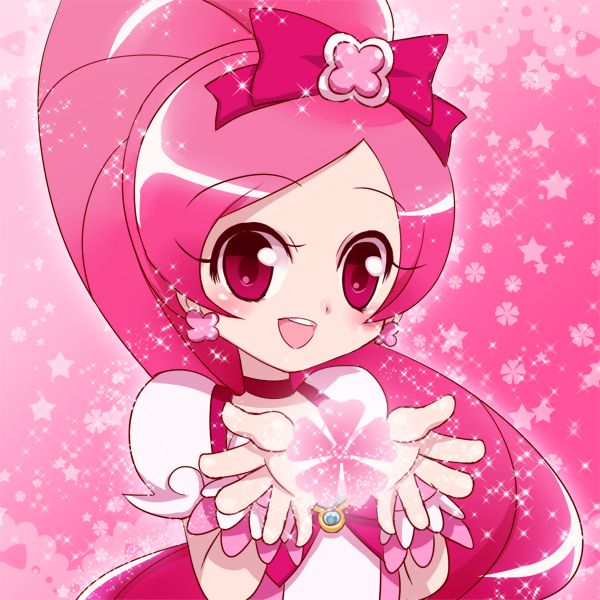 bow choker cure_blossom earrings flower hair_ribbon hanasaki_tsubomi heartcatch_precure! jewelry kurokiri long_hair magic magical_girl pink pink_eyes pink_hair ponytail precure ribbon smile solo sparkle star