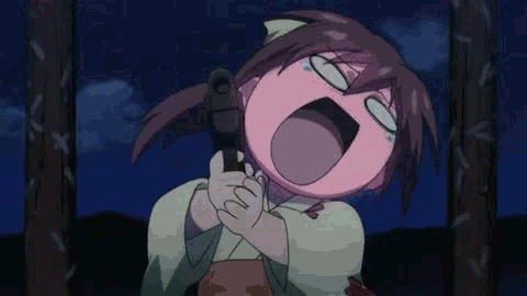 angel angel_wings animated animated_gif bullet firing gif gun hair haired ikaros lowres red red_hair red_haired shoot sora_no_otoshimono spoilers weapon wings