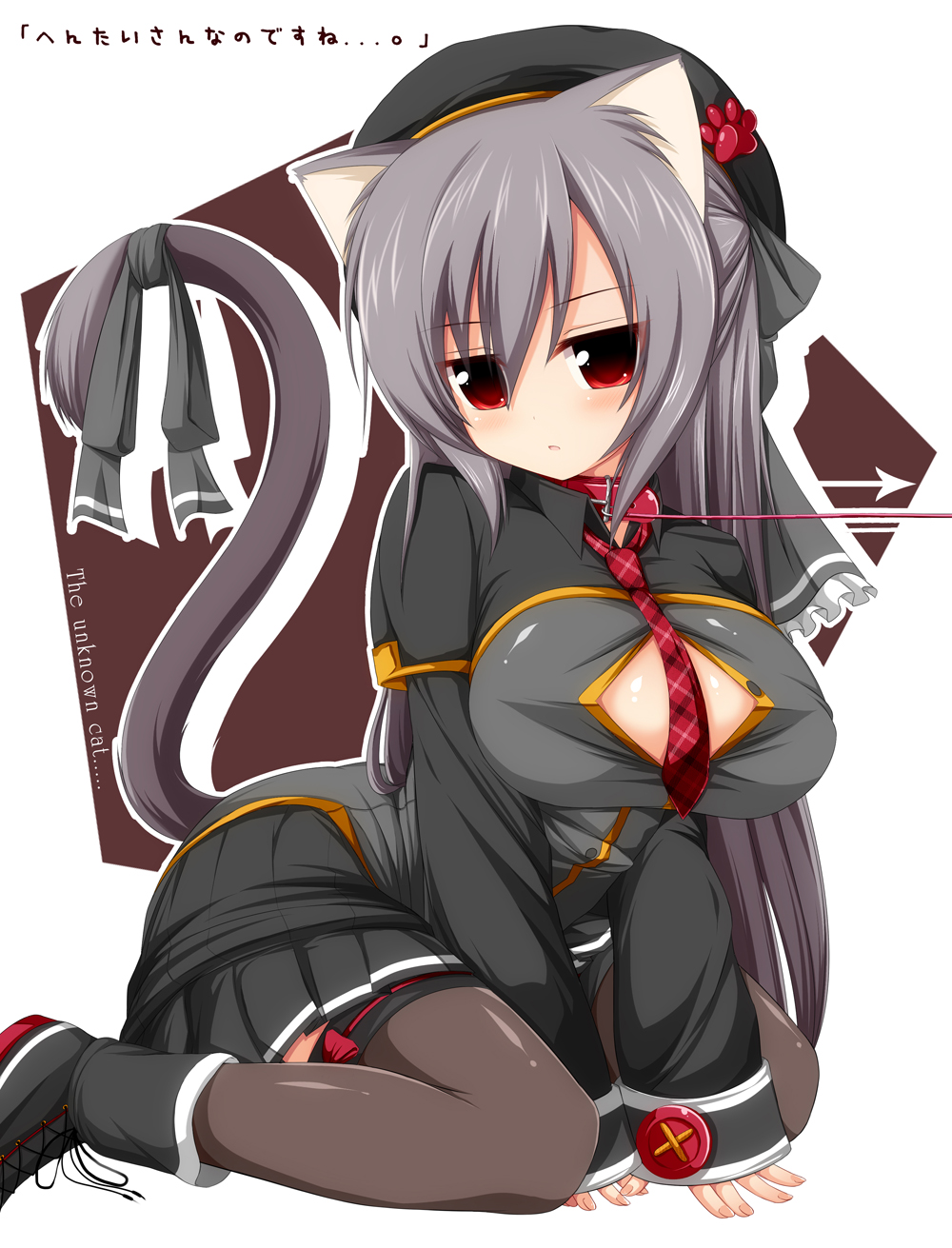 animal_ears blush boots bow breasts bursting_breasts cat_ears cat_tail collar grey_hair hat highres large_breasts long_hair mia_flatpaddy necktie open_mouth original red_eyes ribbon sitting skirt solo syroh tail tail_ribbon thighhighs very_long_hair