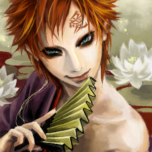 1boy artist_request eye_liner eyeshadow facial_mark fan gaara lowres makeup male male_focus naruto painterly red_hair solo source_request