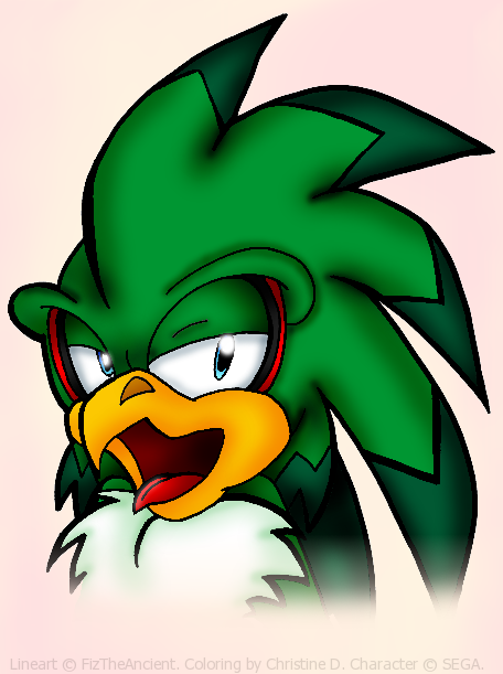 beak blue_eyes chest_tuft darkeiya fur green green_body hawk jet_the_hawk looking_at_viewer male plain_background sega solo sonic_(series) sonic_riders tongue tongue_out tuft white_background